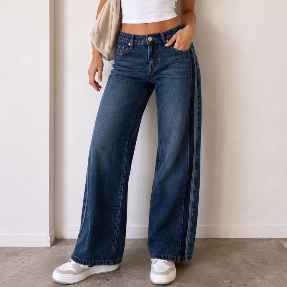 Angel Kiss Wide Leg Jeans Dark Wash Side Stripe Split Hem Size 9/29 NEW